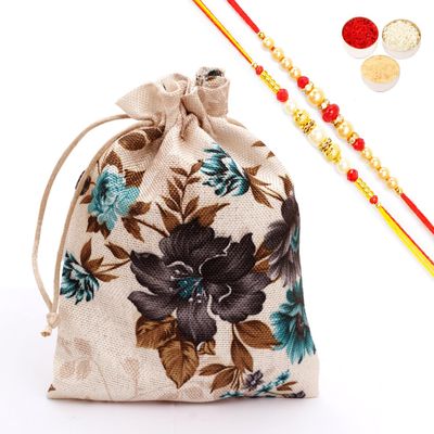 Ghasitaram Gifts Jaiccha Rakhi Gifts for Brothers - Printed Jute Pouch with Bites and Cookies with 2 Rakhis
