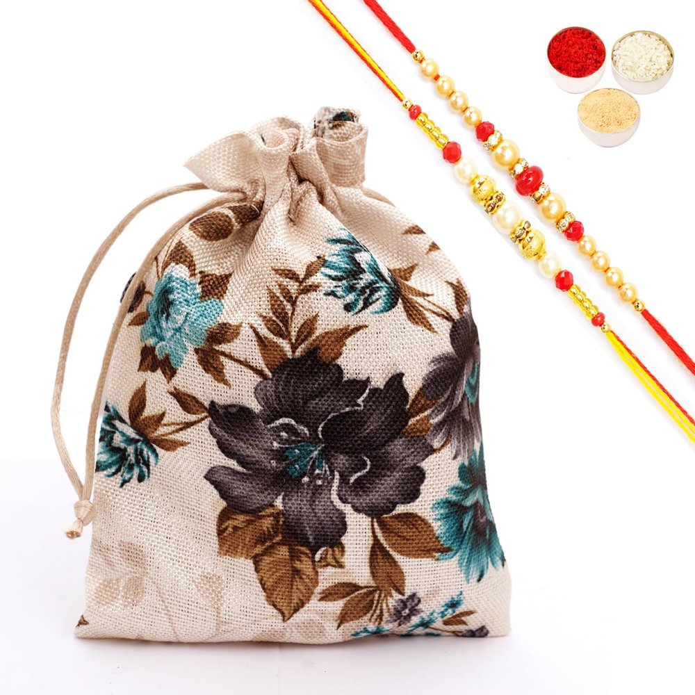 Ghasitaram Gifts Jaiccha Rakhi Gifts for Brothers - Printed Jute Pouch with Bites and Cookies with 2 Rakhis
