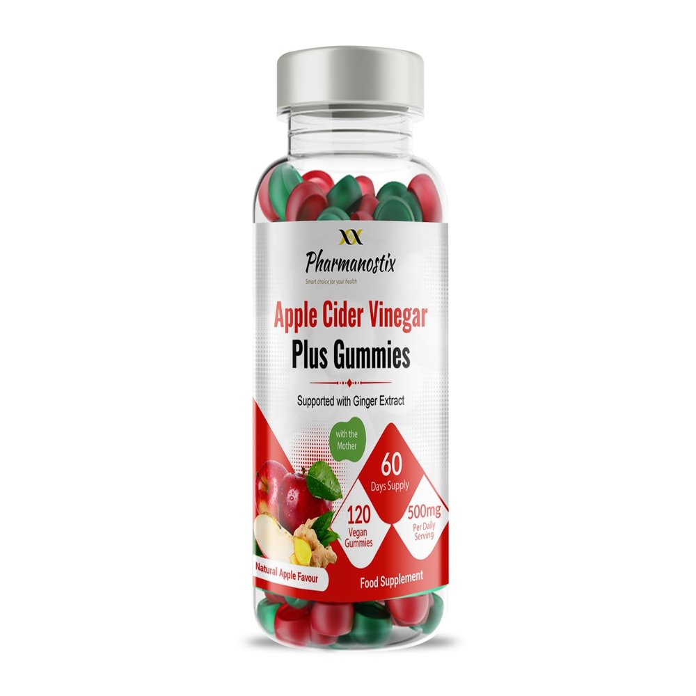 Pharmanostix Apple Cider Vinegar & Ginger Plus Gummies - Pure & Unfiltered with Mother 500mg Per Daily Serving - 120 Vegan Gummies - for Digestive Support - Natural Apple Flavour - 60 Days Supply
