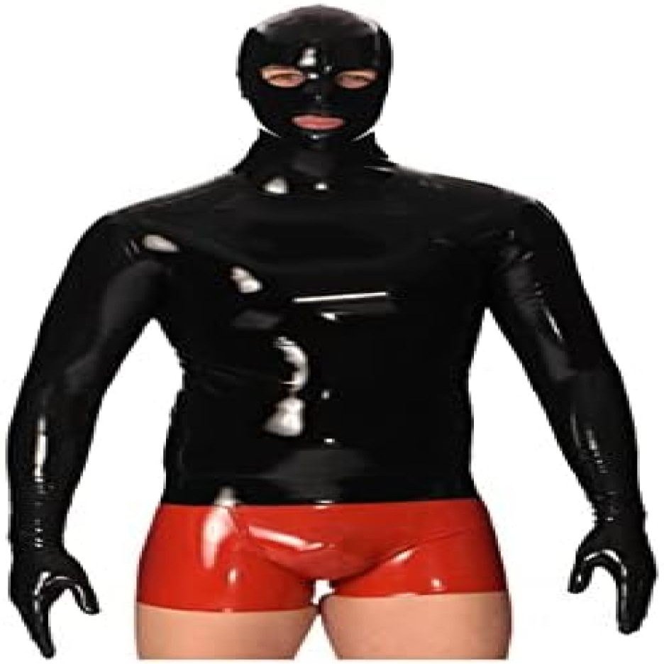 Latex 100% Rubber Men Long Sleeves Tight Top and Red Boxer Shorts with Mask 0.4mm,Custom Color,3XL