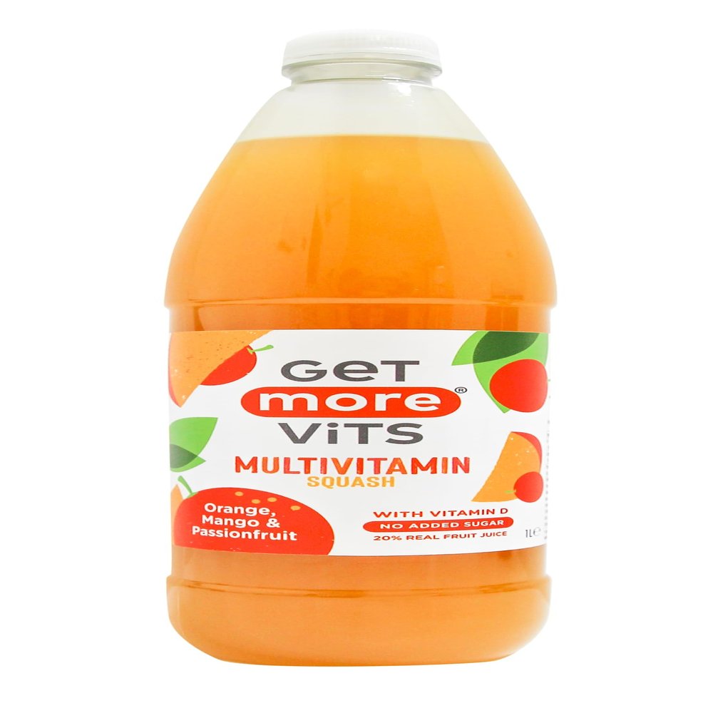 Get More Vits Multivitamin Squash - low calorie, 20% real fruit juice, no added sugar, 50% of your daily dose of 8 essential vitamins including vitamin D and vitamin B12 per serving, 1 litre bottle, pack of 12 (Orange, Mango & Passionfruit)