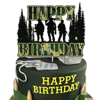 Camouflage Military Happy Birthday Cake Topper Green Glitter Gun Army Soldier Fighter Veteran's Day Cake Decorations Airman Retirement Military Themed for Kids Boys Men Birthday Party Supplies