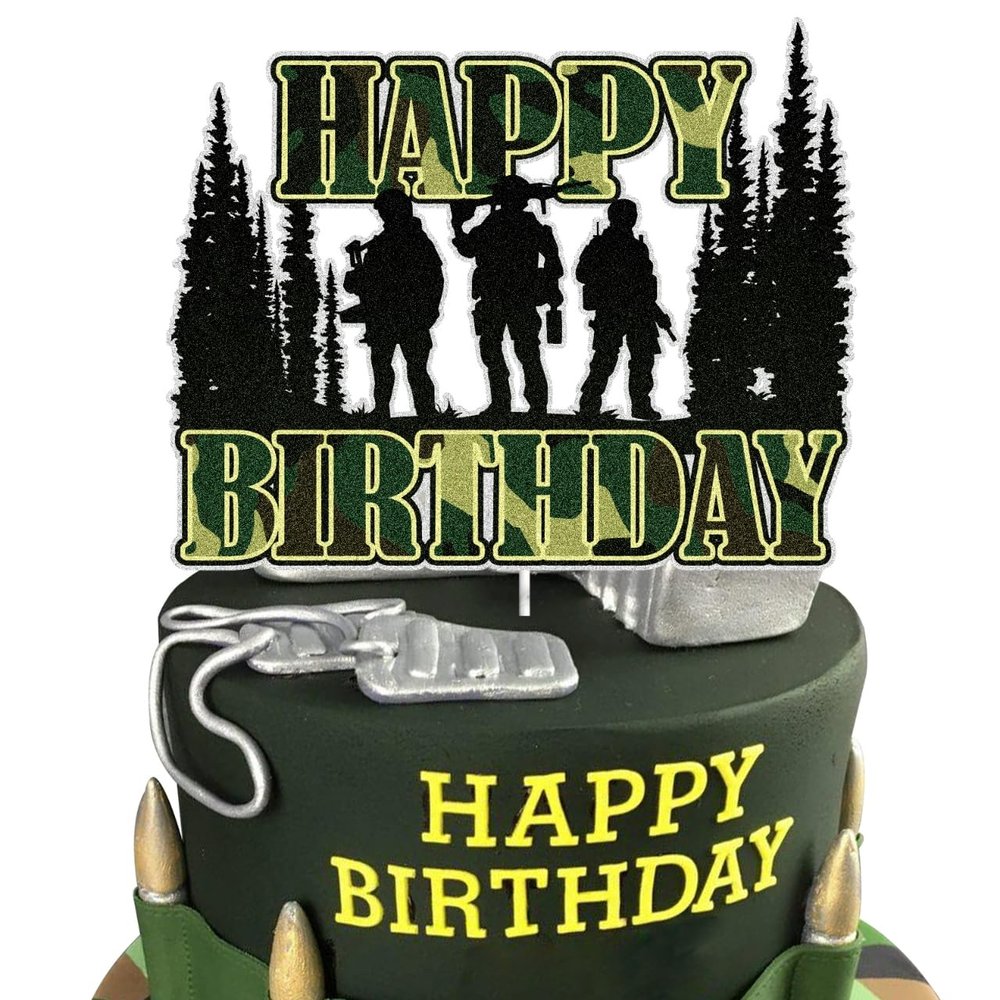 Camouflage Military Happy Birthday Cake Topper Green Glitter Gun Army Soldier Fighter Veteran's Day Cake Decorations Airman Retirement Military Themed for Kids Boys Men Birthday Party Supplies