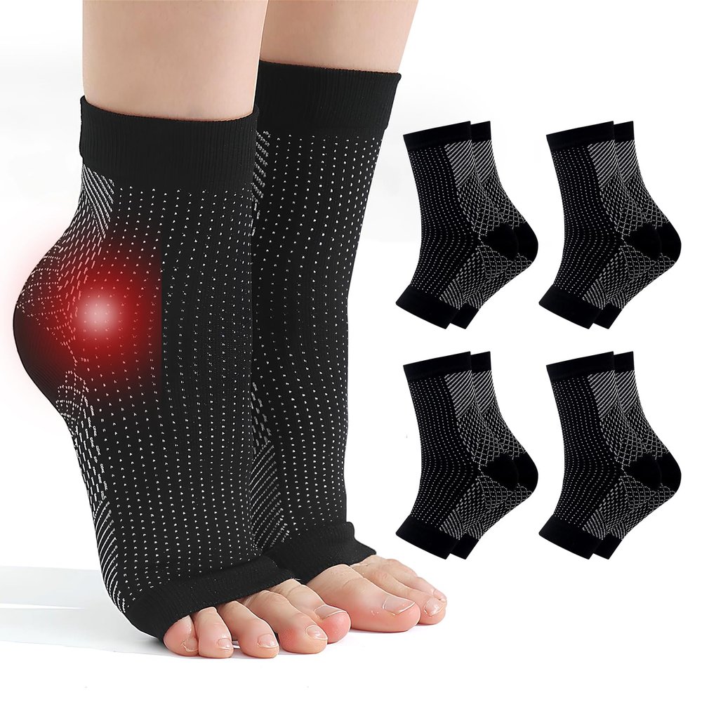 4 Pairs Plantar Fasciitis Socks, Neuropathy Socks Compression Socks Neuro Socks for Women Men Ankle Support for Sprained Ankle for Sport Arthritis Pain Relief-Black,L/XL