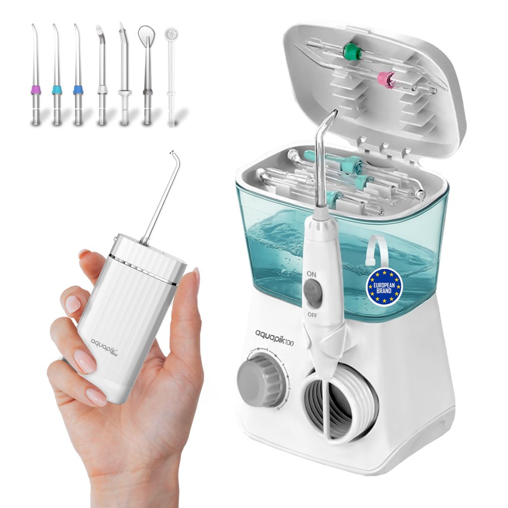Aquapik Duo Pack Dental Irrigators Aquapik 100 Table Top Includes: 8 Nozzles, 10 Levels and Aquapik Mini, Portable Irrigator, Includes: 4 Nozzles, 5 Modes of Use (White)