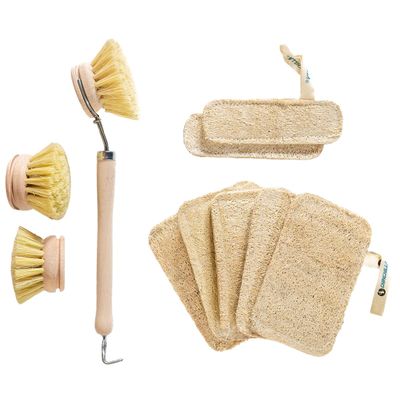 Chinchilla loofah sponges with Dish Brush, Brown, Set Luffa + 1 Splbrste