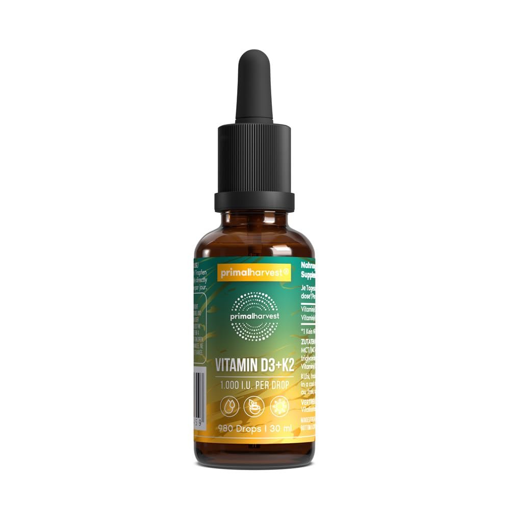 Primal Vitamin D3 & K2 Drops by Primal Harvest - Nutritional multivitamin with MCT Oil, Liquid Vitamin with Dropper Bottle, for Men and Women, 980 Drops (1 Pack)
