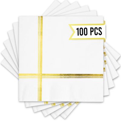 100 Pcs Gold Foil Lined Napkins - 5x5 Inches Premium White and Gold Napkins 3ply Gold Cocktail Napkins for Dinner, Wedding, Holiday, Birthday - Disposable Paper Napkins with Gold Foil Trim Stripe