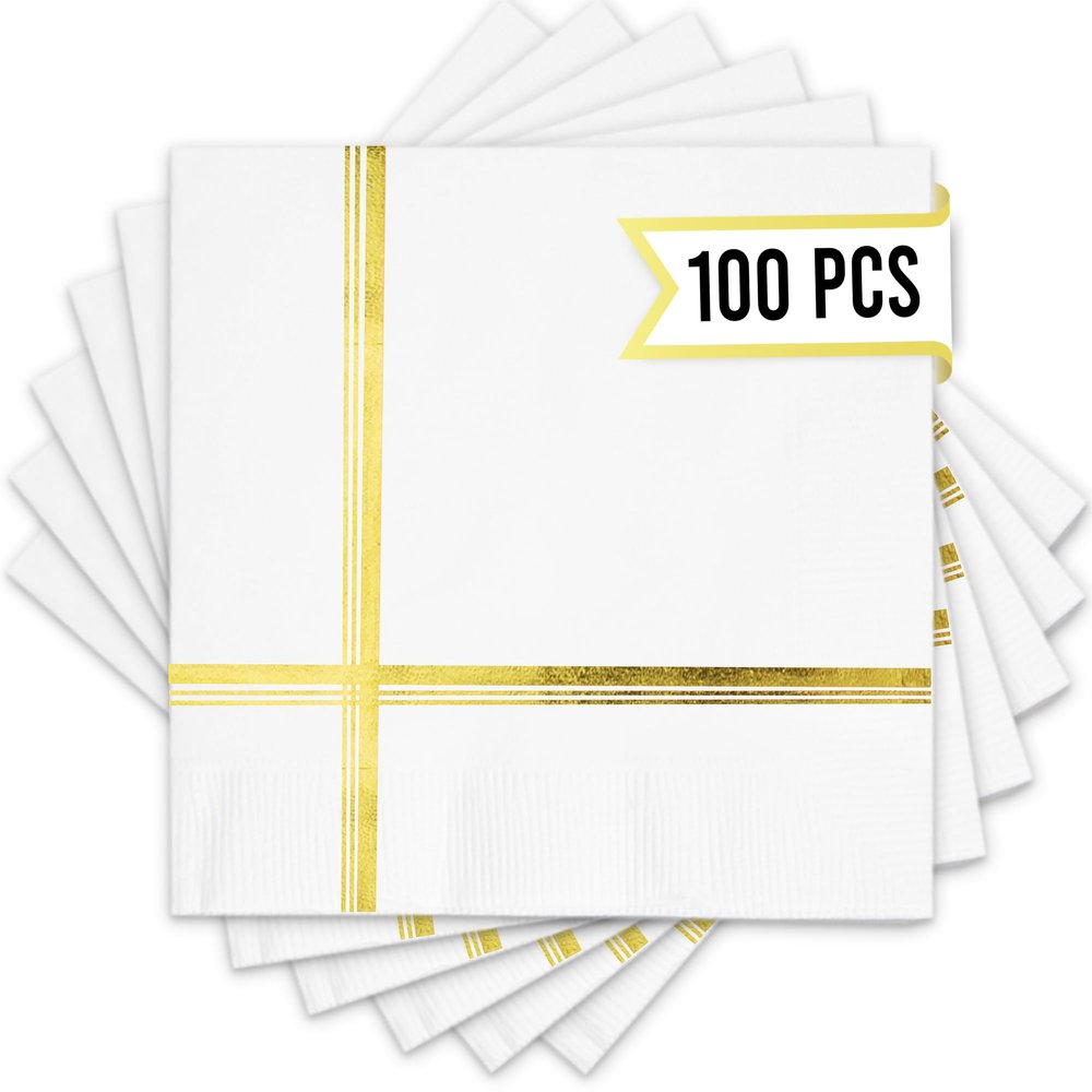 100 Pcs Gold Foil Lined Napkins - 5x5 Inches Premium White and Gold Napkins 3ply Gold Cocktail Napkins for Dinner, Wedding, Holiday, Birthday - Disposable Paper Napkins with Gold Foil Trim Stripe