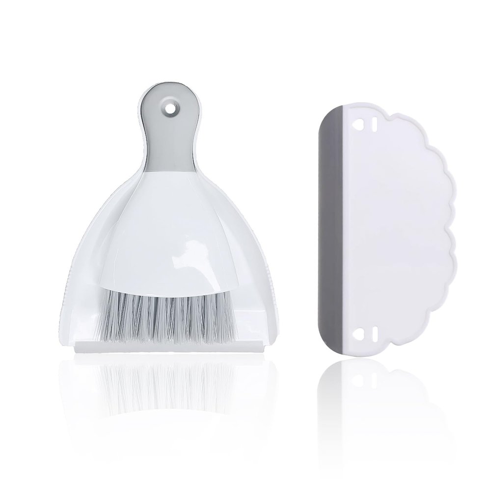 1pcs Small Broom Dustpan Set with 1pcs White Squeegee, Handheld Mini Cleaning Combo Set for Tabletop, Dining Table, Sofa, Keyboard(Grey)