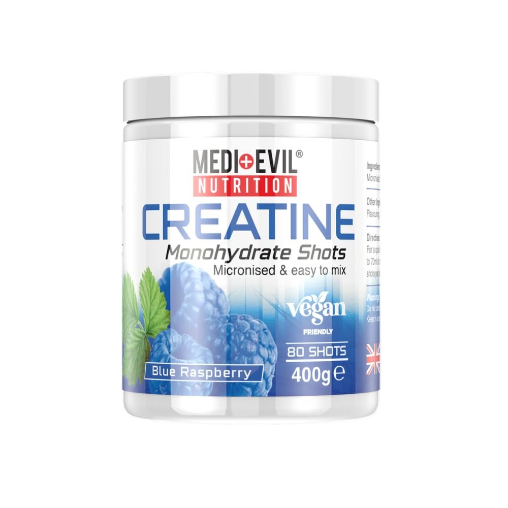 Medi-Evil Nutrition Creatine Monohydrate Powder 400g, Blue Raspberry Flavour, Micronised for Easy Mixing, Improves Strength and Physical Performance