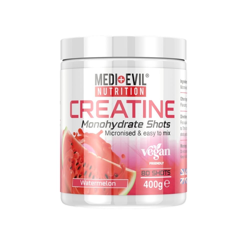 Medi-Evil Nutrition Creatine Monohydrate Powder 400g, Watermelon Flavour, Micronised for Easy Mixing, Improves Strength and Physical Performance