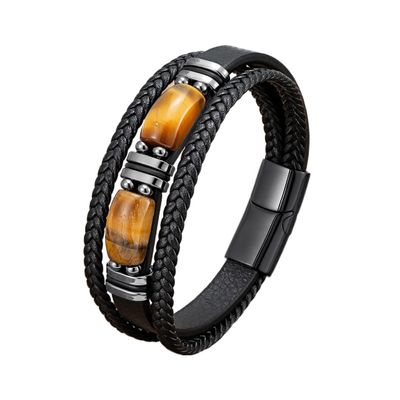 BAFAFA Multi-layer Braided Leather Charm Bracelet Red Blue Tiger Eye Stone Bracelet For Men Simple Stainless Steel Jewelry Accessories (Style : 21cm_Yellow Tiger Eye)
