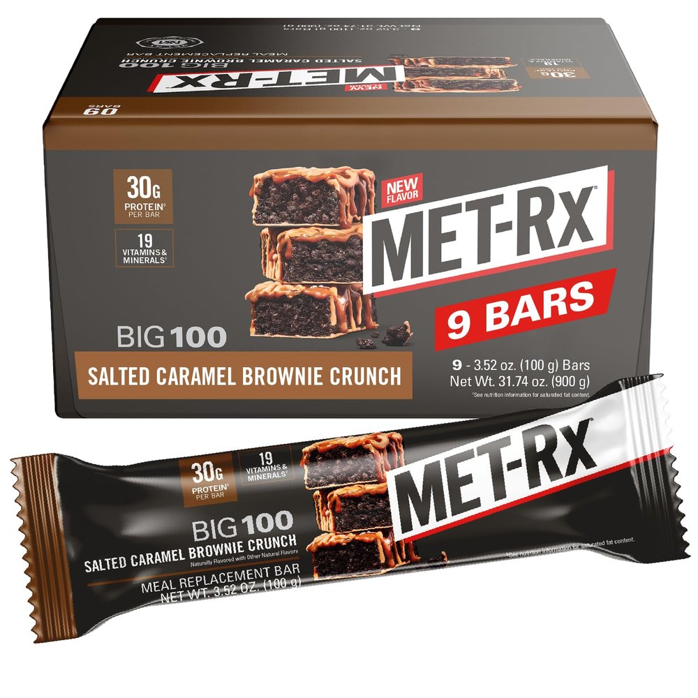 MET-Rx Big 100 Protein Bar, Meal Replacement Bar, 32G Protein, Salted Caramel Brownie, 9 Count, 3.52 Oz.