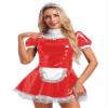CHICTRY Women's PVC Leather French Maid Costume Outfit Zipper Crotch Cosplay Fancy Dress Costume Apron Red L view 2