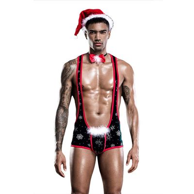 BaronHong Mens Sexy Christmas Costume Exotic Bodysuit Nightclub Clothes Jumpsuits Cosplay Costume Gay Stuff (Black-Red, One Size)