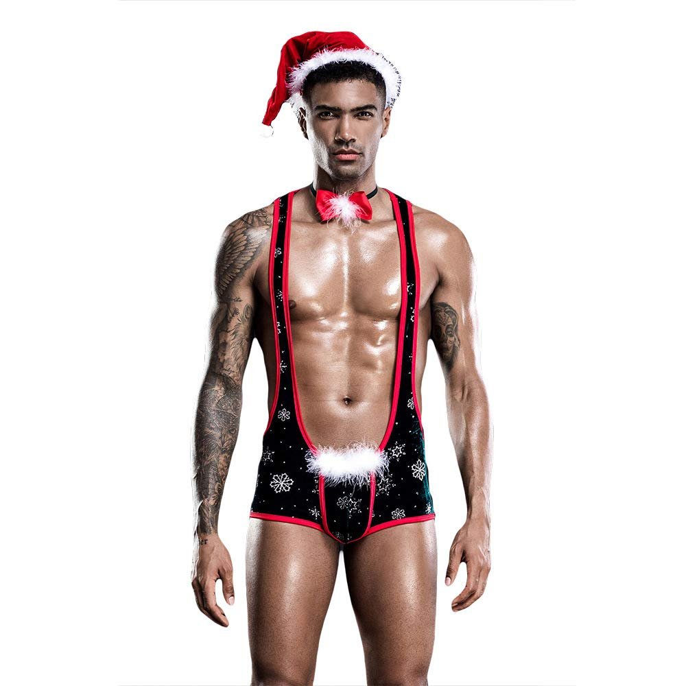 BaronHong Mens Sexy Christmas Costume Exotic Bodysuit Nightclub Clothes Jumpsuits Cosplay Costume Gay Stuff (Black-Red, One Size)
