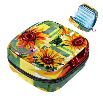 Wildflower Sunflower Pattern Sanitary Napkin Storage Bag Menstrual Pad Bag Portable Menstrual Cup Pouch with Zipper for Teen Girls Women Ladies