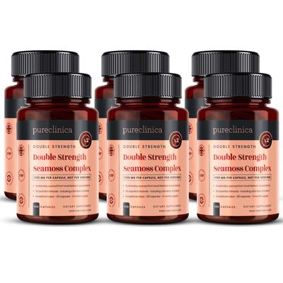 Pureclinica Double Strength Seamoss Complex - 1155mg x 720 Capsules (6 Bottles of 120) - 2 Years Supply with 500mg Seamoss, 500mg Bladderwrack & 150mg Burdock Root