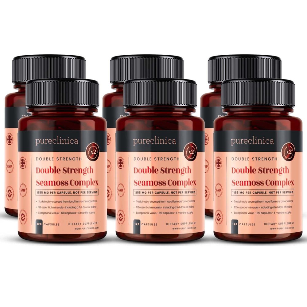 Pureclinica Double Strength Seamoss Complex - 1155mg x 720 Capsules (6 Bottles of 120) - 2 Years Supply with 500mg Seamoss, 500mg Bladderwrack & 150mg Burdock Root