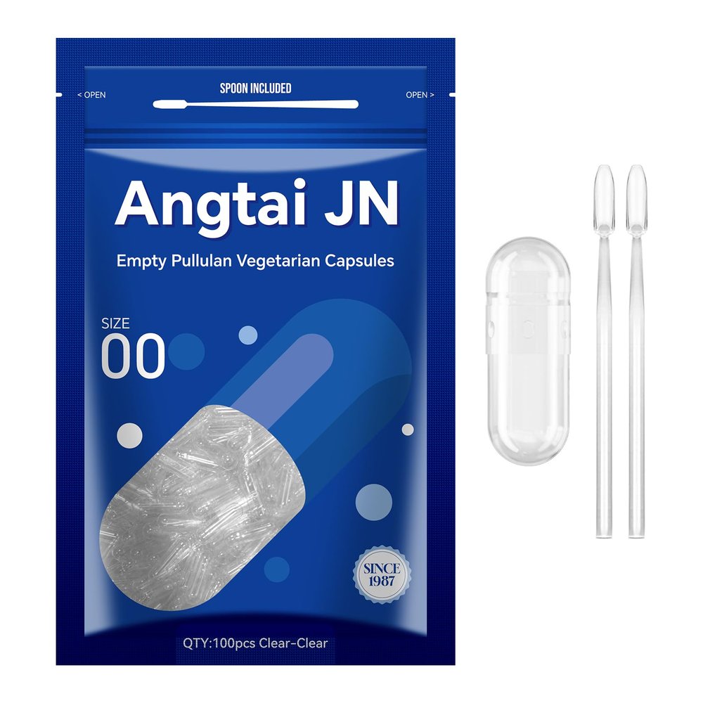Angtai JN Empty Capsules Size 00 - Clear Fillable Vegetarian Capsules(100 Count) Size 00 Empty Pullulan Capsules with Two Micro Lab Spoons,- Veggie Capsules Empty Caps for DIY Your Own Supplements