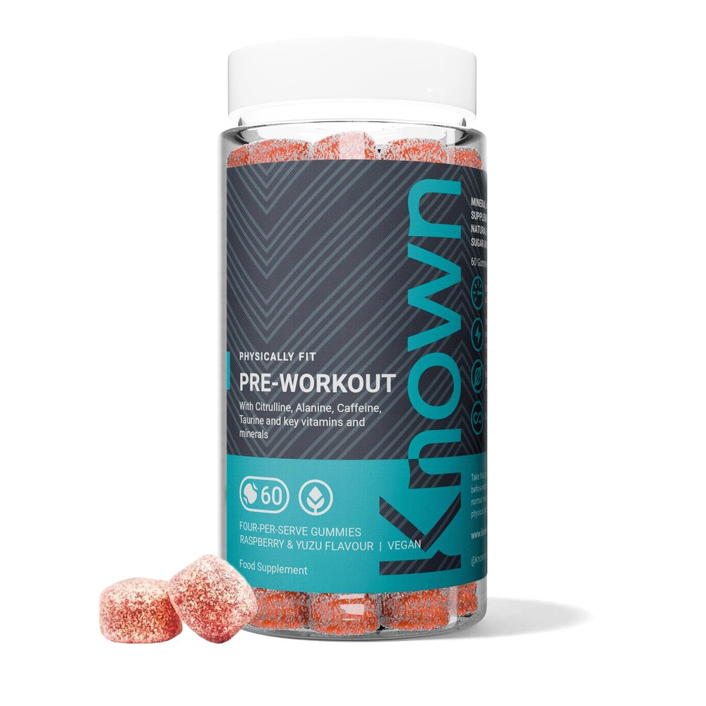 Known Pre-Workout Gummies  Raspberry & Yuzu Flavour  Vegan Gummy Supplement  Caffeine, Taurine, Citrulline, Alanine & Vitamins D3, B3, B6, C  Energy, Focus & Endurance  15 Servings  Men & Women