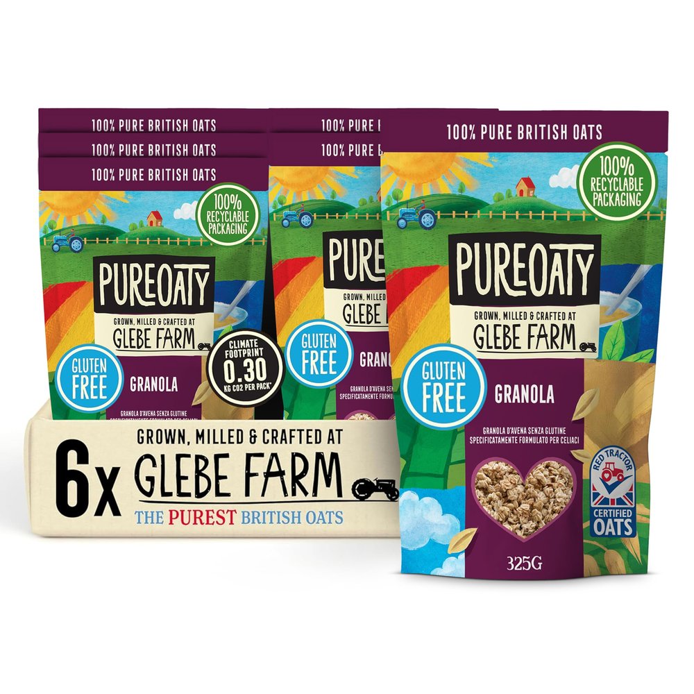 Glebe Farm Oat Granola 6PK Gluten Free Healthy Wholegrain Oats Can Help Lower Cholesterol, 100% British Oats, High In Fibre, Delicious Granola Cereal, Protein Cereal With Honey, 6x 325g