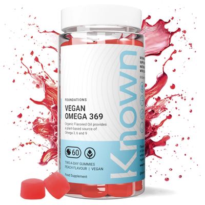 Known Vegan Omega 3-6-9 Gummies  Peach Flavour  400mg Organic Flaxseed Oil  Chewable Gummy Supplement  Vegan Alternative to Fish Oil  1 Month Supply  for Men & Women