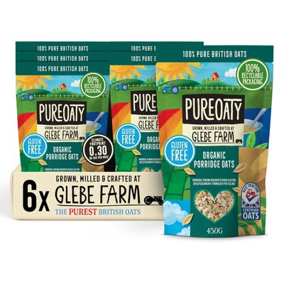 Glebe Farm Gluten Free PureOaty Organic Porridge Oats 6PK, Healthy Wholegrain For Slow Release Energy, 100% British, All-Natural & High In Fibre, Tasty Porridge, No Nasties, 6x 450g