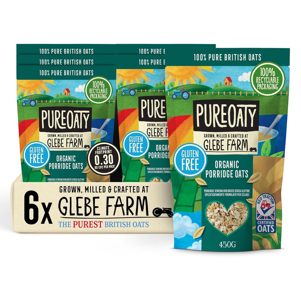 Glebe Farm Gluten Free PureOaty Organic Porridge Oats 6PK, Healthy Wholegrain For Slow Release Energy, 100% British, All-Natural & High In Fibre, Tasty Porridge, No Nasties, 6x 450g