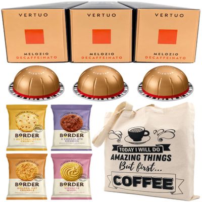 Coffee Pod Multipack for Nespresso Vertuo Machine - Melozio Decaffeinato Coffee Capsules - 3 Boxes (30 Pods) with Border Biscuits and Reusable Tote Bag