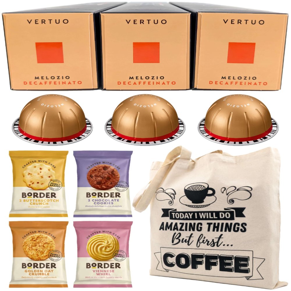 Coffee Pod Multipack for Nespresso Vertuo Machine - Melozio Decaffeinato Coffee Capsules - 3 Boxes (30 Pods) with Border Biscuits and Reusable Tote Bag