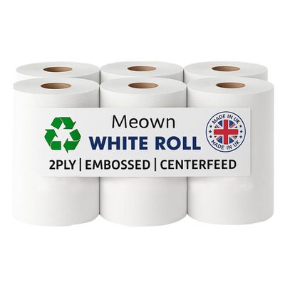 Meown White Roll, Pack of 6 Premium Centrefeed Rolls, Durable & Versatile 2-Ply Tissue, Ultimate Cleaning Solution for Home & Office