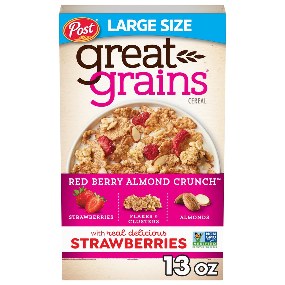 Great Grains Red Berry Almond Crunch Cereal, Strawberry Cereal with Cereal Clusters and Sliced Almonds, GMO Free Project Verified, 370ml Box