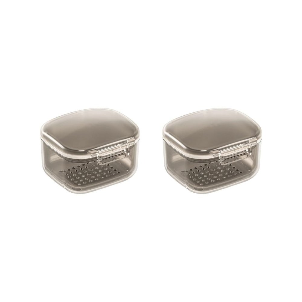 2 Set of Denture Case Denture Bath Box Cup with Strainer Basket Black
