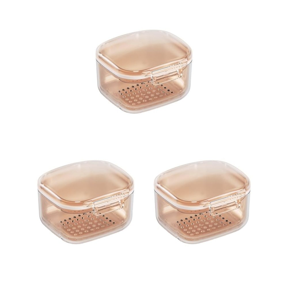 3 Set of Denture Case Denture Bath Box Cup with Strainer Basket Apricot Color