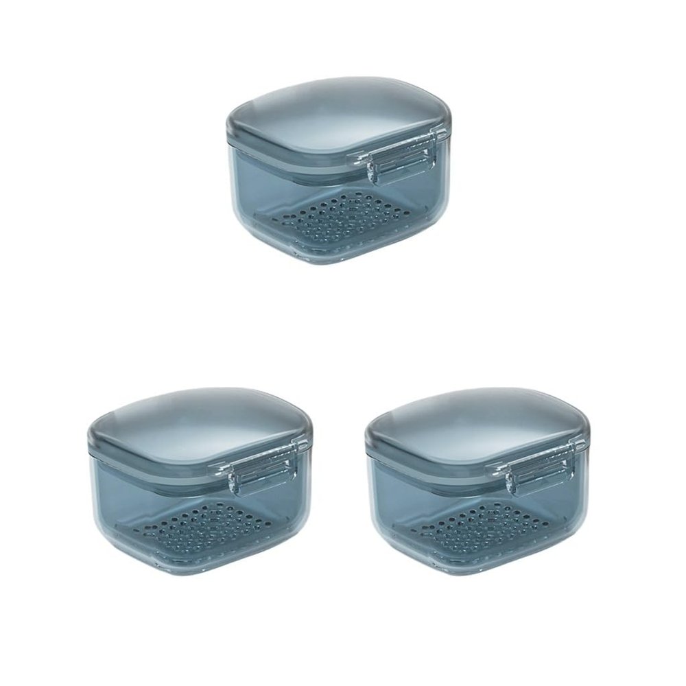 3 Set of Denture Case Denture Bath Box Cup with Strainer Basket Blue