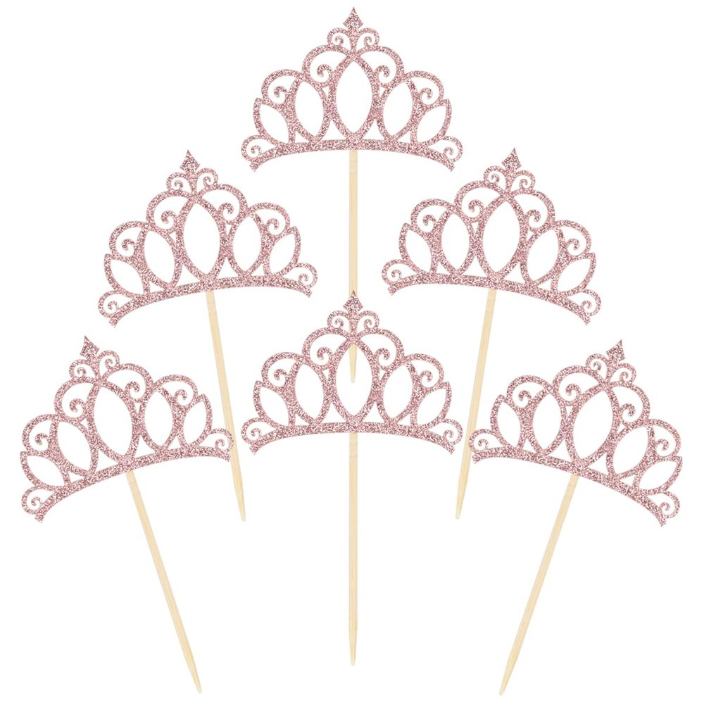 Donoter 48 Pieces Rose Gold Glitter Princess Crown Cupcake Toppers Picks for Birthday Baby Shower Party Cake Decorations