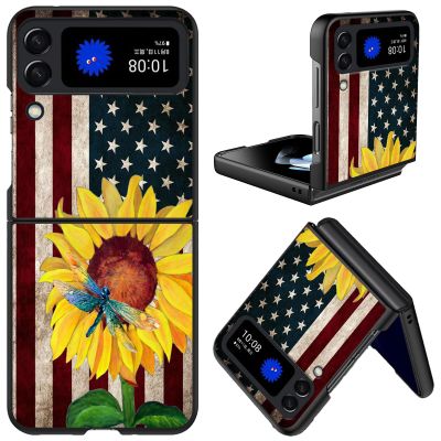 Qindaiwen Designed for Samsung Galaxy Z Flip 4 5G Hard PC Phone Case Shockproof & Drop-Resistant Fashionable Patterns for Enhanced Protection, Sunflower USA Flag