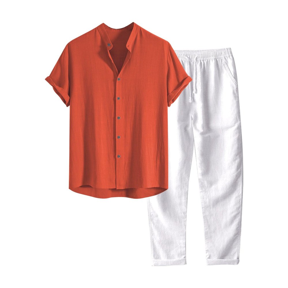 Gefomuofe Two-piece men's linen suit, cotton linen suit, beach shirt, short trousers set, business polo shirt with lapels, sports trousers, beach suit, two-piece short sleeve shirt, orange, L