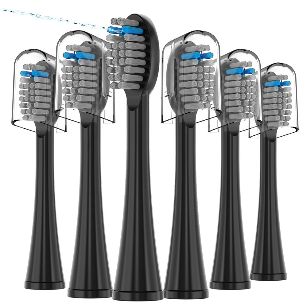 6 Pack Replacement Flossing Toothbrush Heads for Waterpik Sonic Fusion - Compatible with SF-01/SF-02/SF-03/SF-04 - Black with Caps