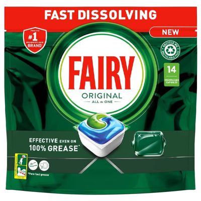 Fairy All-In-1 Dishwasher Tablets Original 14 Capsules  Powerful Cleaning Even on Dried-On Grease.