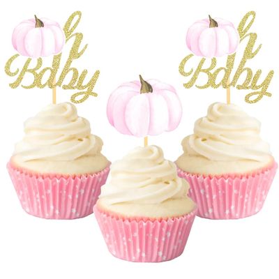 Pumpkin Oh Baby Cupcake Toppers, Fall Pumpkin Cupcake Picks Pumpkin Themed Baby Shower Birthday Thanksgiving Halloween Party Cake Decorations Supplies - Set of 24 (baby pink)