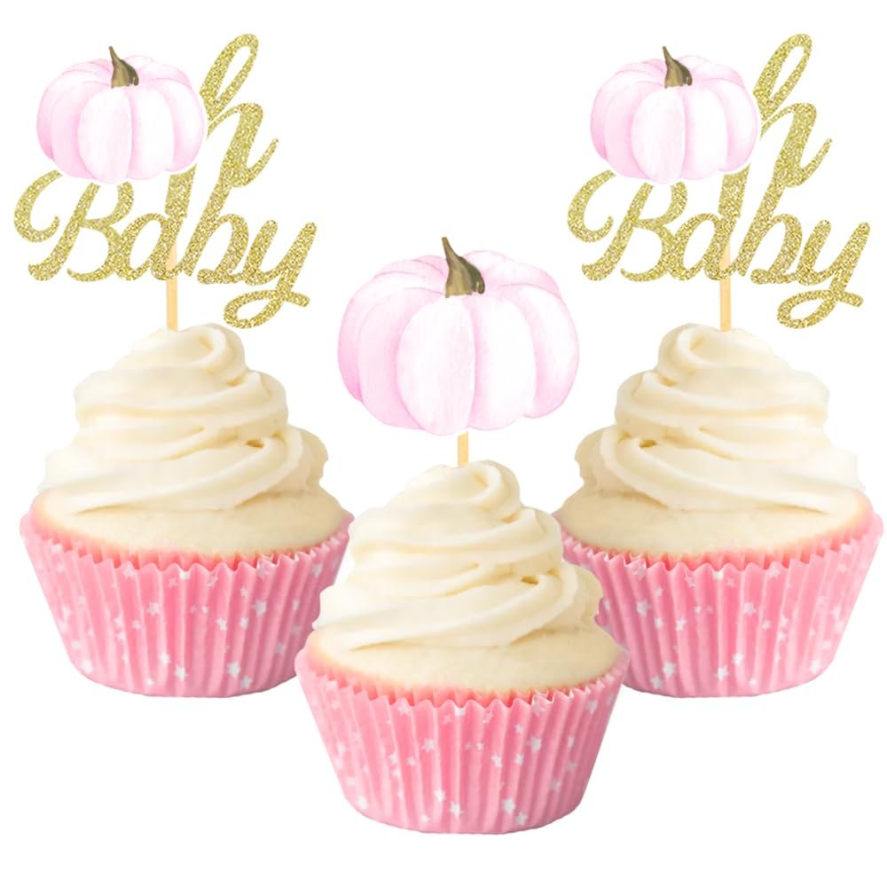 Pumpkin Oh Baby Cupcake Toppers, Fall Pumpkin Cupcake Picks Pumpkin Themed Baby Shower Birthday Thanksgiving Halloween Party Cake Decorations Supplies - Set of 24 (baby pink)