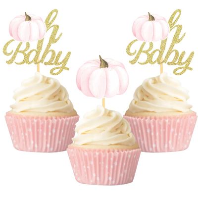 Little Pumpkin Cupcake Toppers, Thanksgiving Birthday Baby Shower Fall Theme Party Decorations Gender Reveal Supplies - Set of 24 (baby peach)