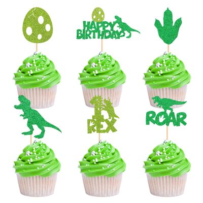 Cyodoos 24PCS Dinosaur Cupcake Toppers 1 Rex Dinosaur Cupcake Picks Happy Birthday Roar One Years Old Dino Theme Baby Shower Birthday Party Cake Decorations Supplies Green 1