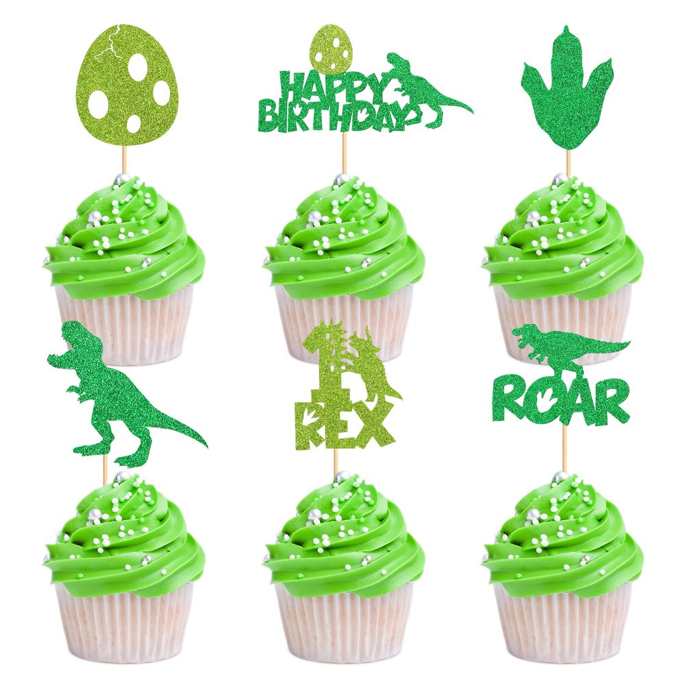 Cyodoos 24PCS Dinosaur Cupcake Toppers 1 Rex Dinosaur Cupcake Picks Happy Birthday Roar One Years Old Dino Theme Baby Shower Birthday Party Cake Decorations Supplies Green 1