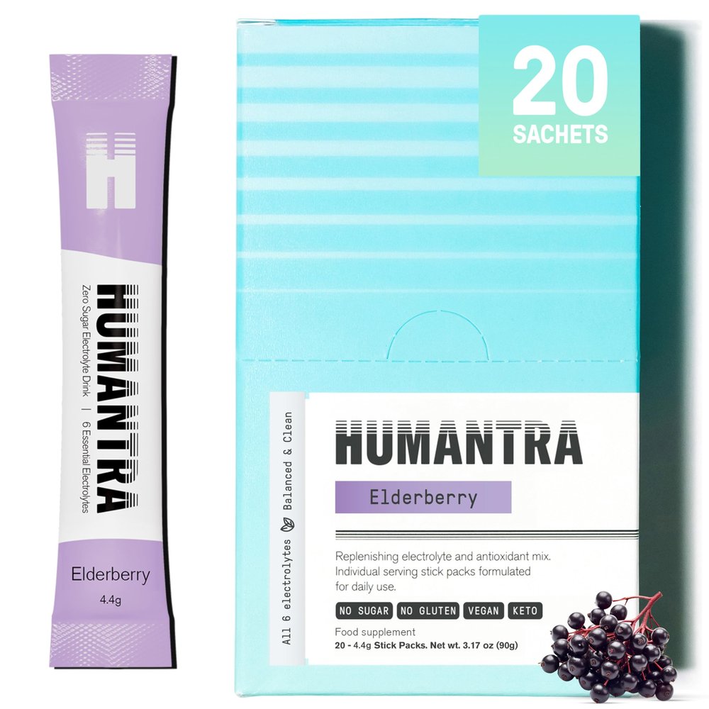 Humantra Electrolytes Powder - Elderberry Flavor, 20ct - Powdered Hydration Sachets - Plant-Based Electrolyte Powder with 6 Electrolytes - Vegan, Sugar Free, Gluten Free