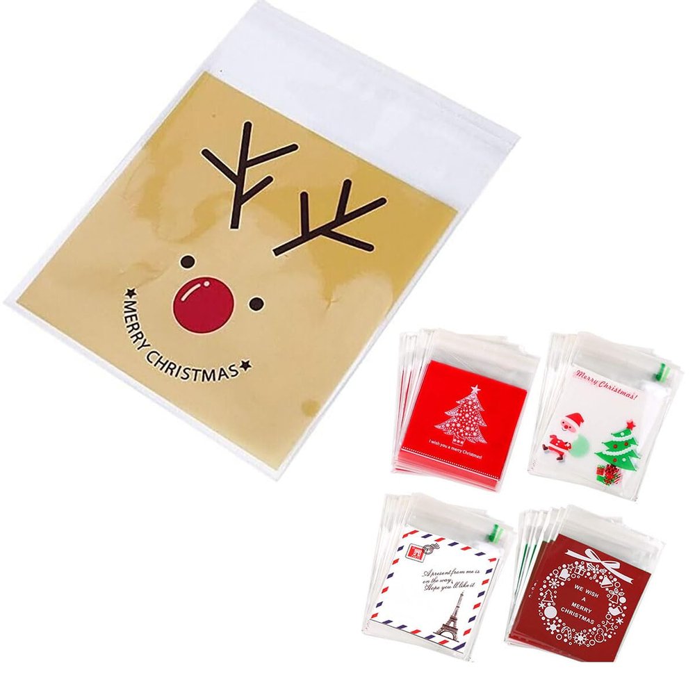 100PCS Christmas Cellophane Bag 10 x 10 mas Cookie Treat Bags Sweet Candy Party Favors (Style 053)