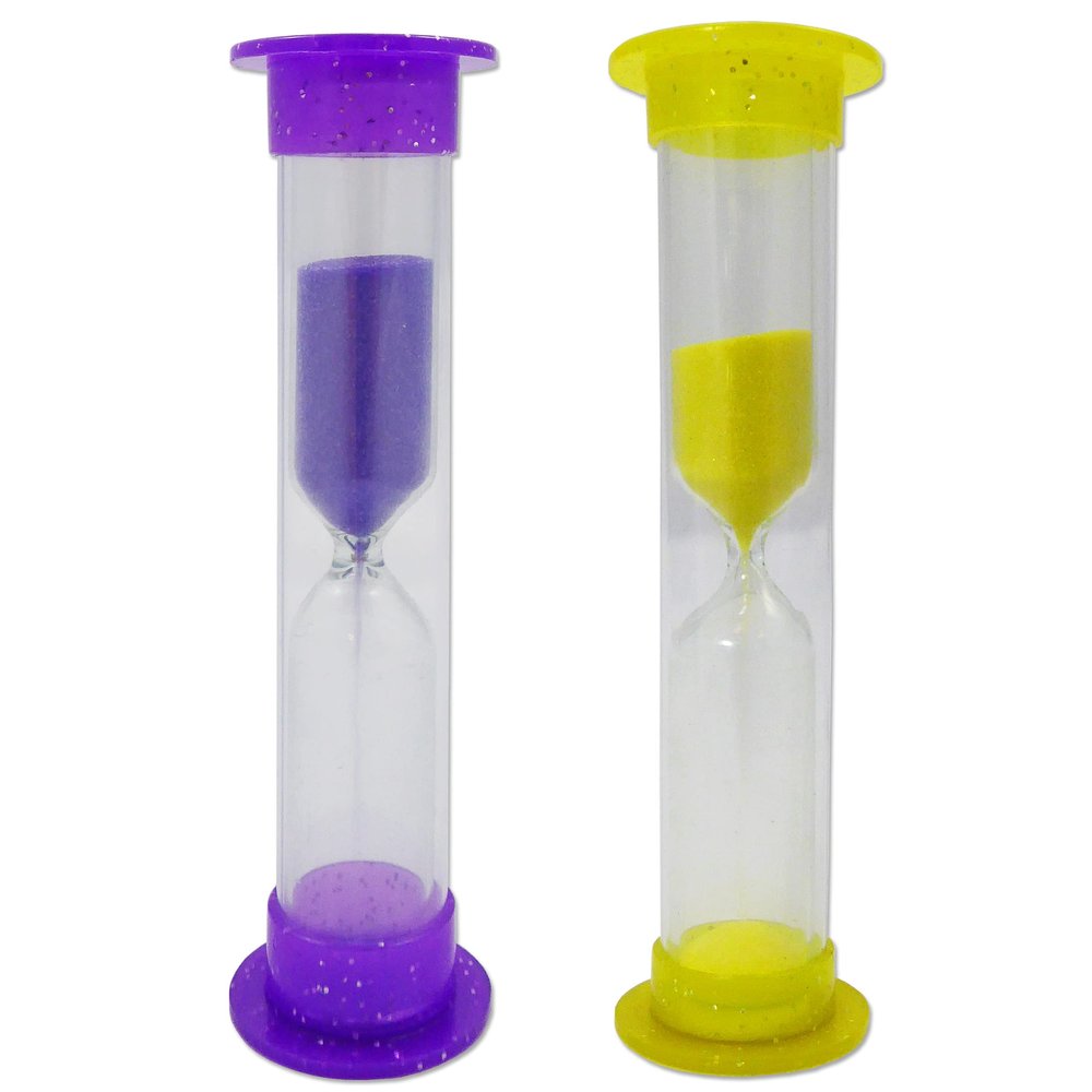 2 x Glitter Timer - 2 Minute Sand Toothbrush Timers (Purple & Yellow)